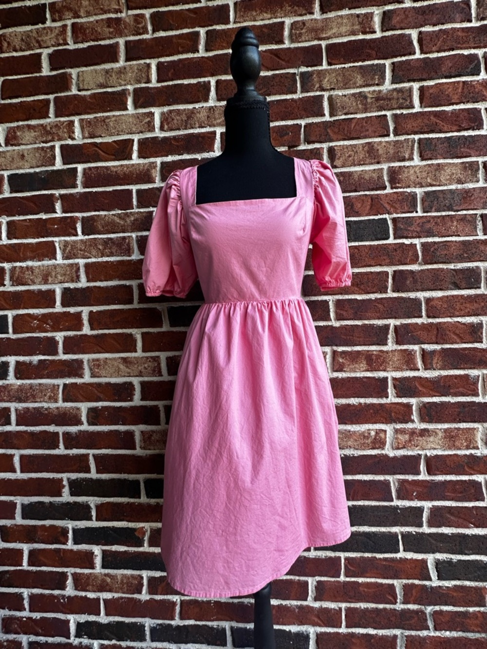 Wayf Pink Square-Neck Puff Sleeve Midi Dress
